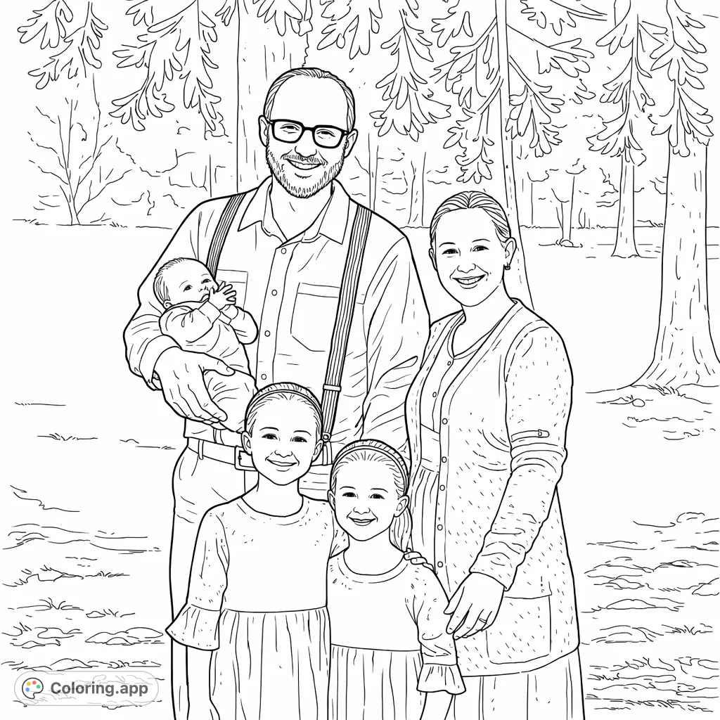 A heartwarming family portrait featuring parents, two daughters, and an infant, smiling together in a peaceful outdoor setting with trees. Perfect for all ages.