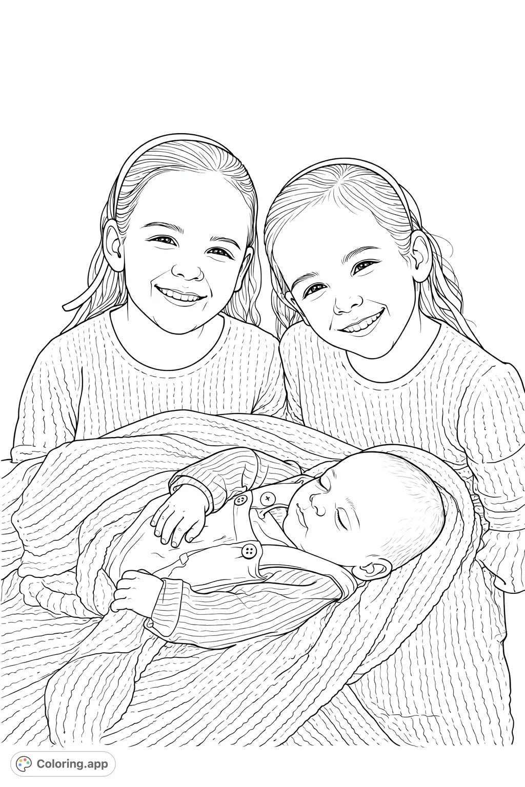 A heartwarming family coloring page featuring two smiling sisters with their sleeping newborn sibling, wrapped in a cozy blanket. Perfect for celebrating new arrivals and sibling love.