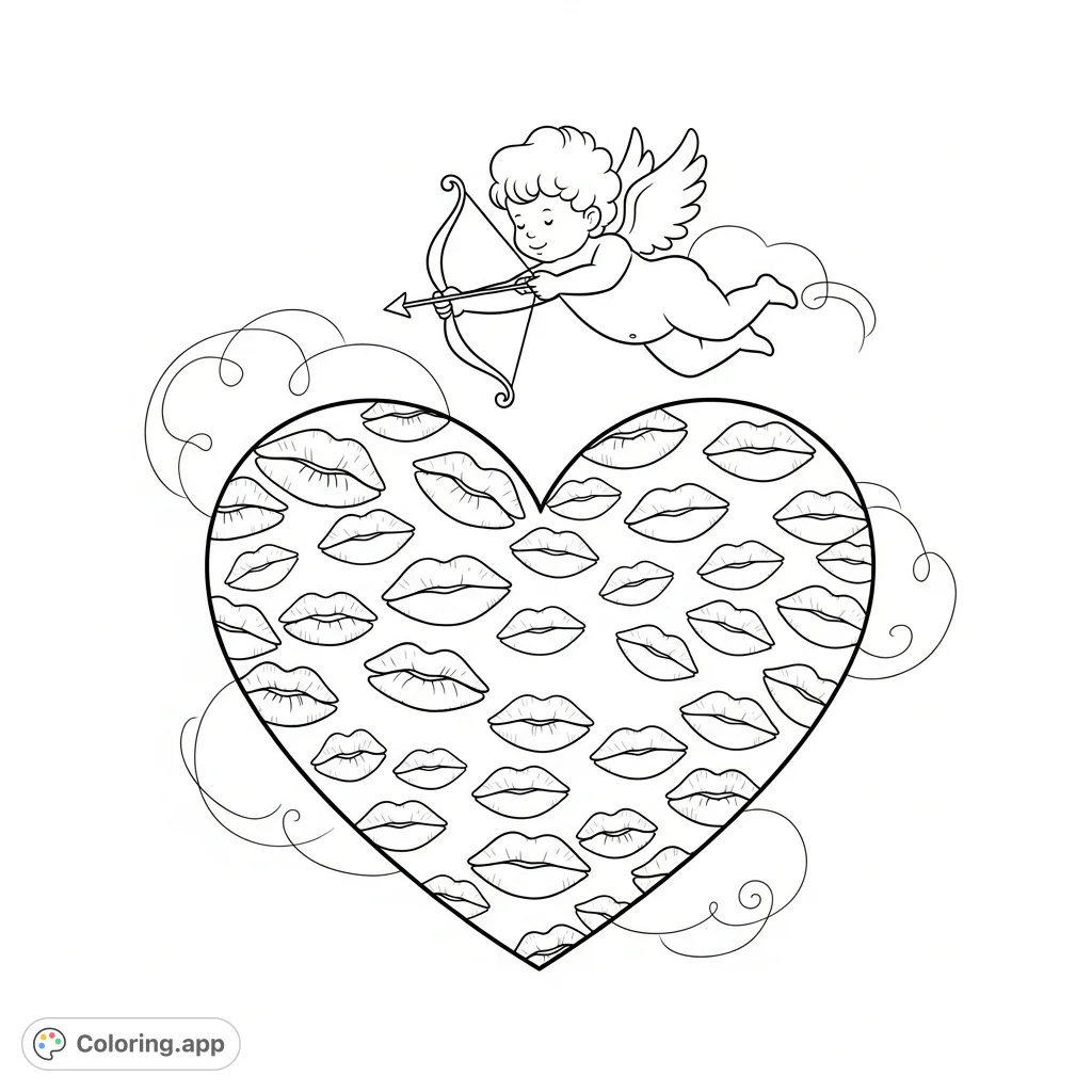 A charming Valentine's Day coloring page featuring a large heart filled with playful kisses and a flying Cupid aiming an arrow. Perfect for love and romance.