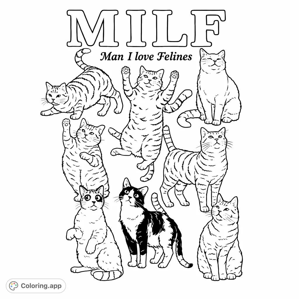 Discover a delightful assembly of diverse cats in various playful poses. This engaging coloring page features multiple felines with unique patterns, perfect for cat enthusiasts.