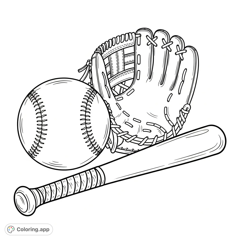 A detailed baseball coloring page featuring a baseball, glove, and bat, perfect for sports fans to color with team colors or classic hues.