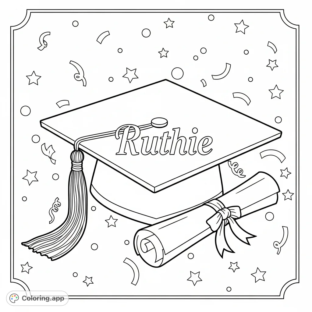 A cheerful graduation coloring page featuring a cap with 'Ruthie', a diploma, and festive elements. Perfect for celebrating a special achievement.