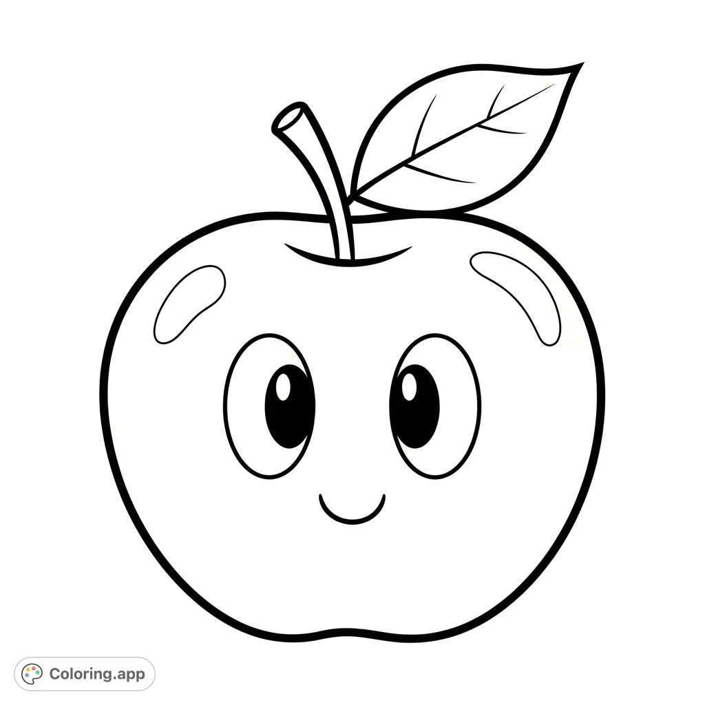 A charming apple with cute cartoon eyes and a gentle smile floats in midair, ready for a splash of color. Perfect for a delightful, easy coloring experience.