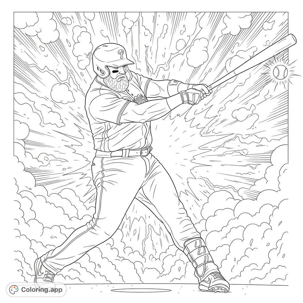 Capture the raw power of Kyle Schwarber with this dynamic Philadelphia Phillies coloring page. A mighty swing amidst an explosive, abstract background awaits your creative touch.