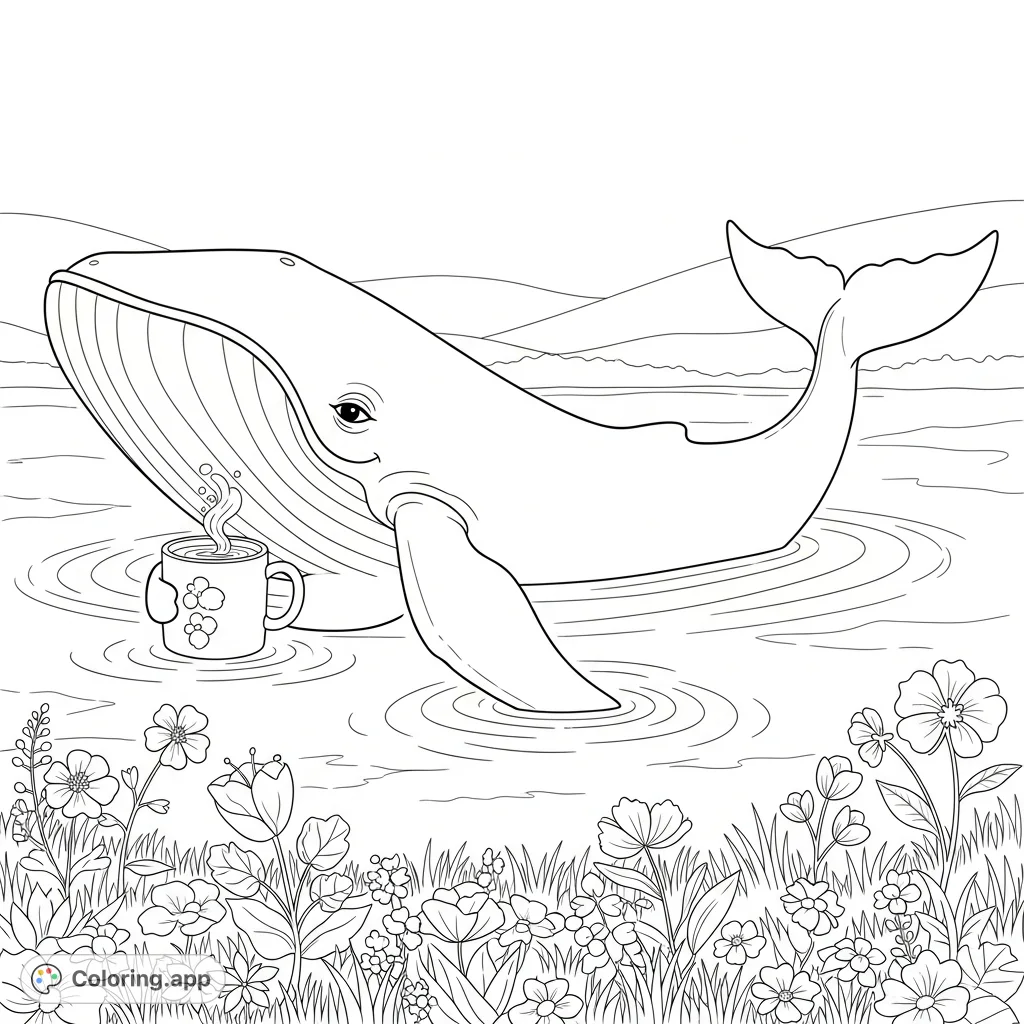 Dive into a whimsical scene featuring a blue whale enjoying coffee in a serene lake, surrounded by lovely flowers. A unique, free printable coloring page for all ages.