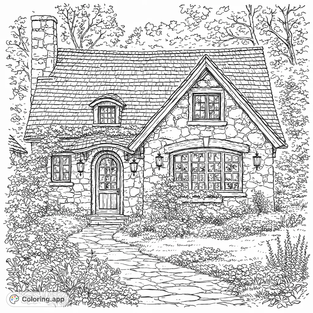 Escape to a charming stone cottage nestled in a flourishing garden. This intricate coloring page invites you to bring a detailed, picturesque scene to life.