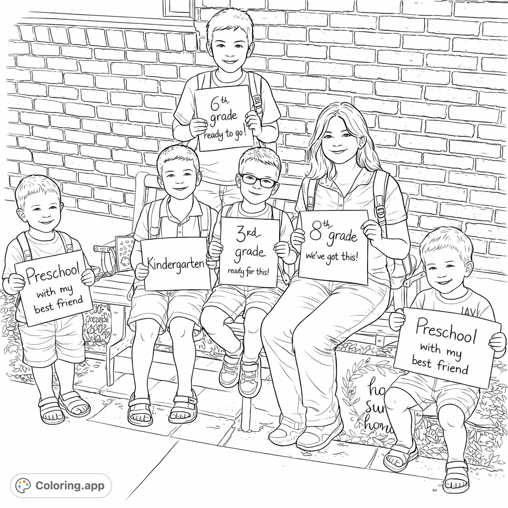 A joyful group of six children, from preschool to middle school, gather with signs, ready for their first day of school. Perfect for celebrating new beginnings!