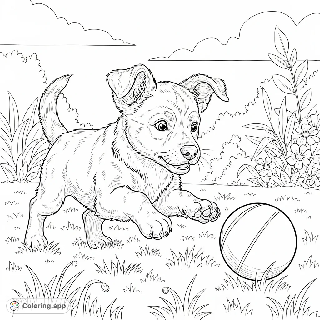 A charming, realistic puppy coloring page showing a lively dog pouncing on a ball on a grassy lawn. Capture its joyful energy and intricate fur detail.