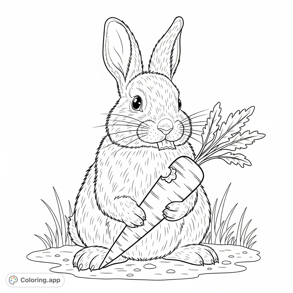 A charming free printable rabbit coloring page featuring a fluffy rabbit enjoying a fresh carrot, perfect for engaging kids and animal lovers.