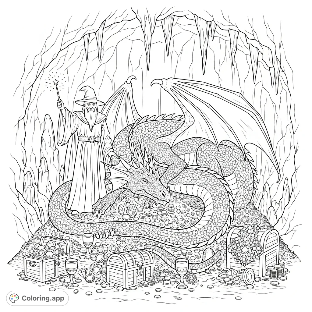 A majestic dragon guards a treasure hoard, watched over by a powerful wizard with a magic wand in this detailed fantasy coloring page.