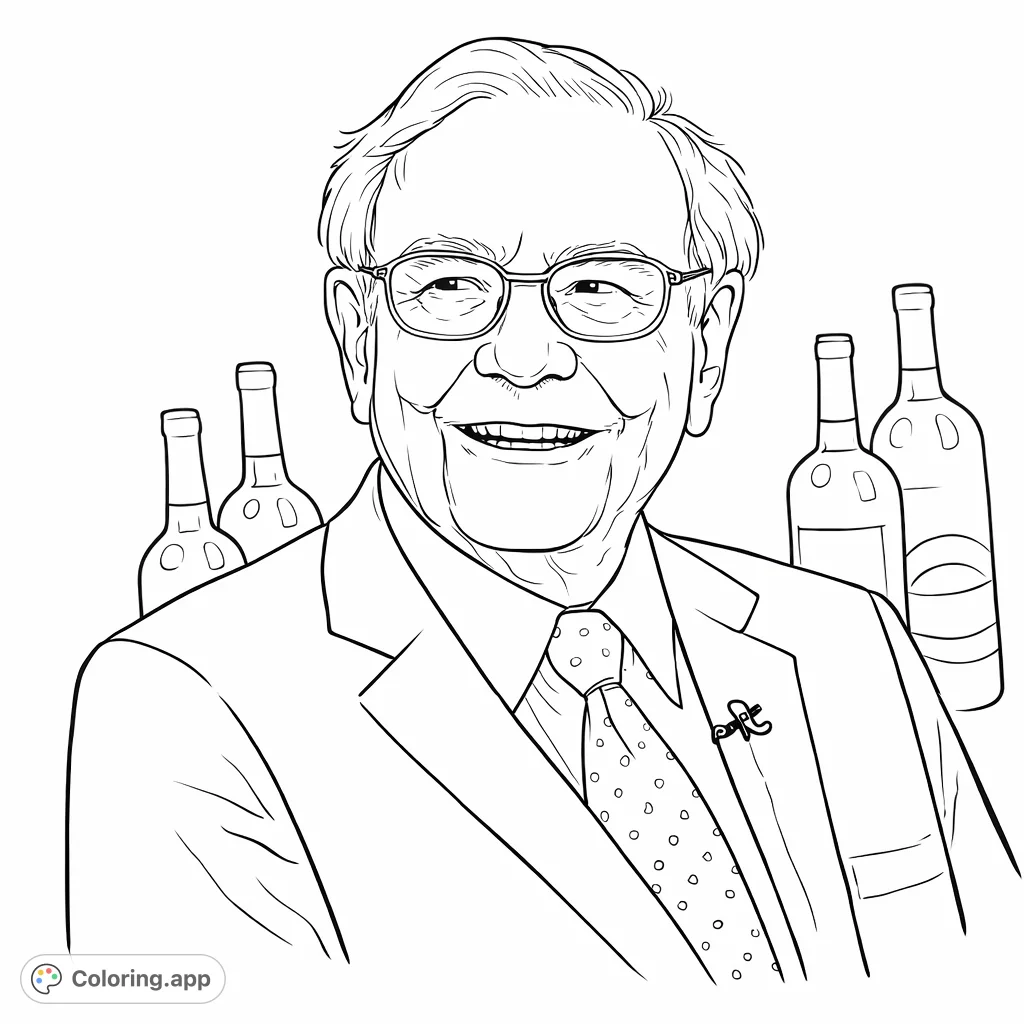 A distinguished older businessman smiling broadly, wearing glasses, a suit, and a patterned tie. Perfect for those interested in finance and iconic figures.