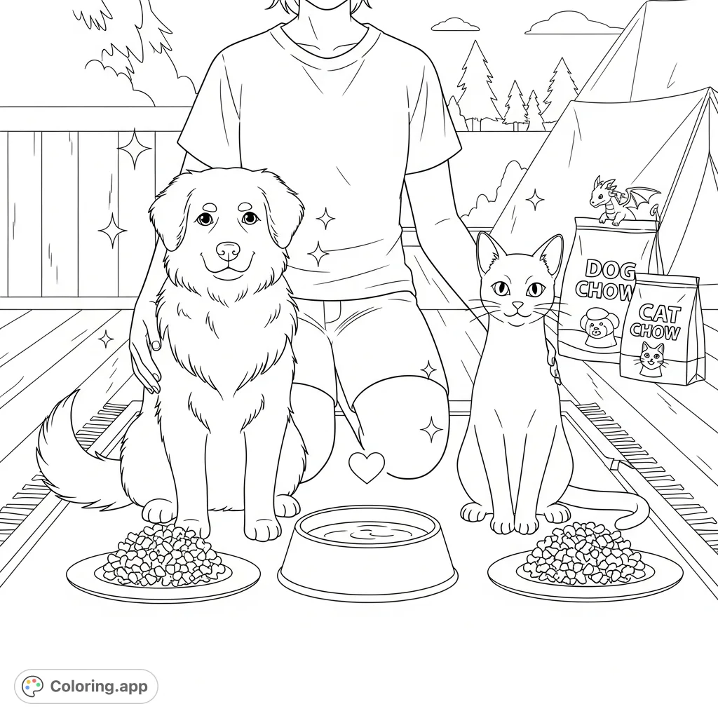 A heartwarming free printable coloring page featuring a cute dog and cat enjoying mealtime with their owner. Perfect for pet lovers of all ages.