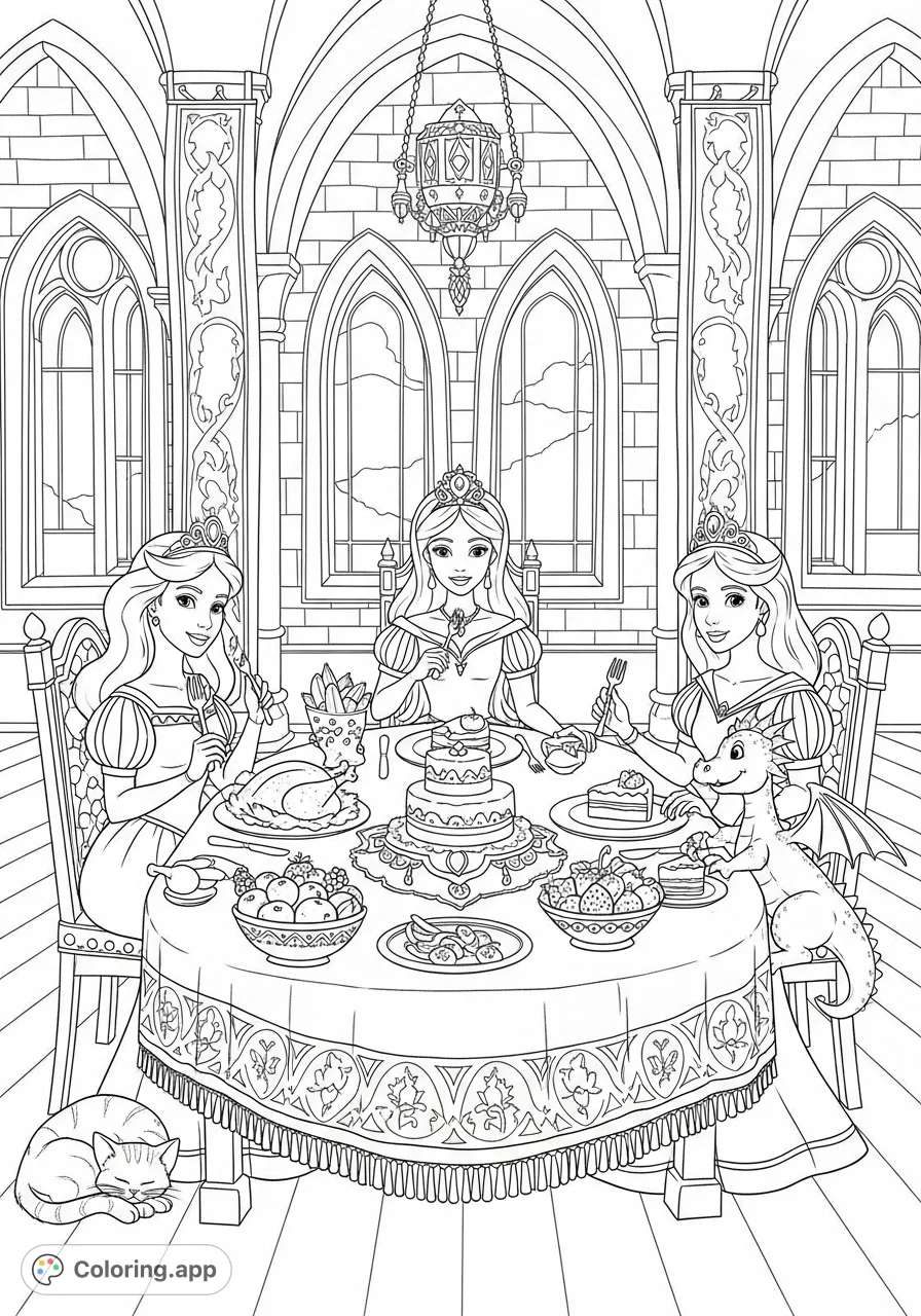 A charming princesses coloring page featuring three royal figures enjoying a lavish feast in a grand castle dining hall, surrounded by ornate details.