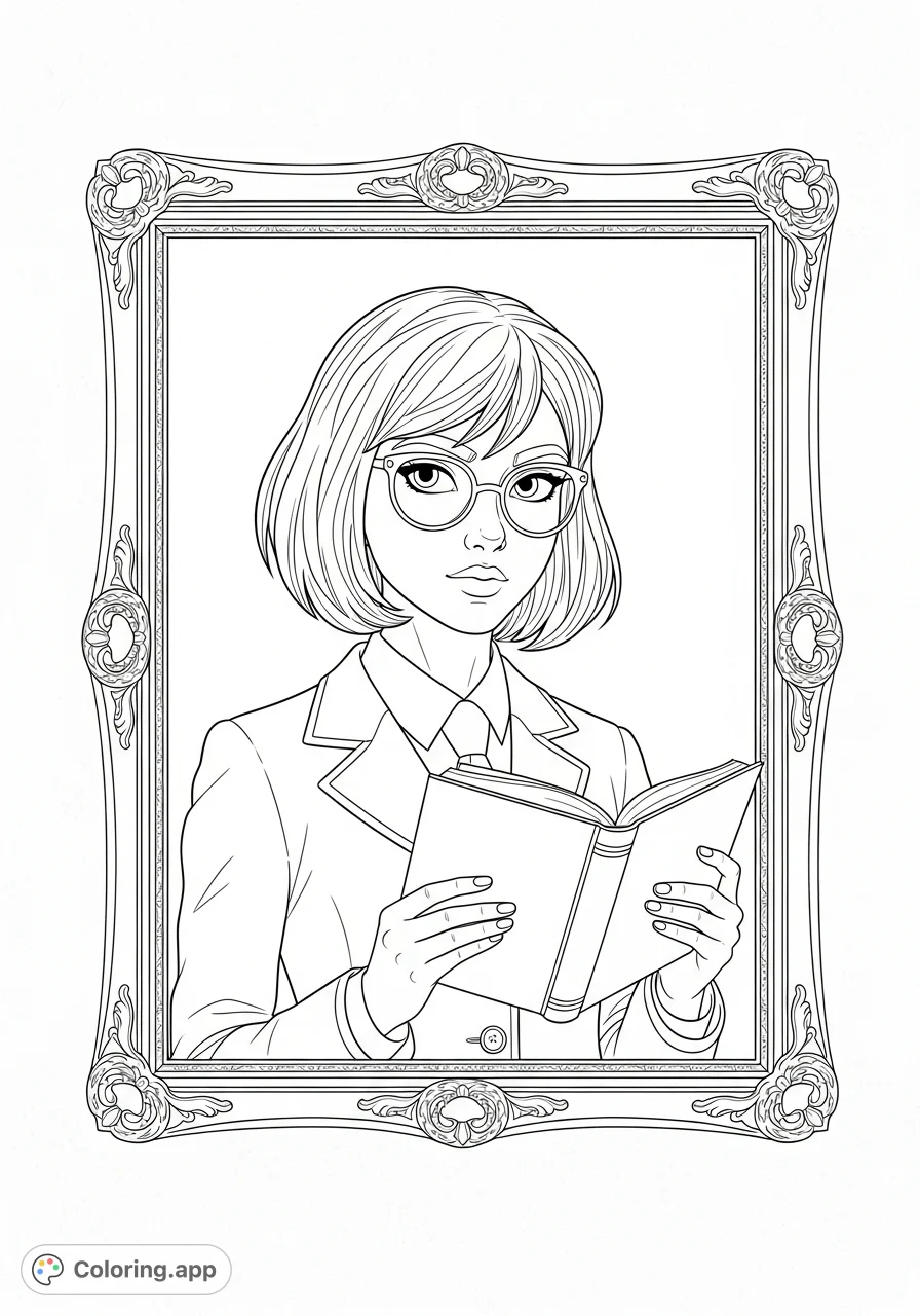 A captivating self-portrait of a studious girl with short hair, glasses, and a school uniform, holding a book within an elegant picture frame.