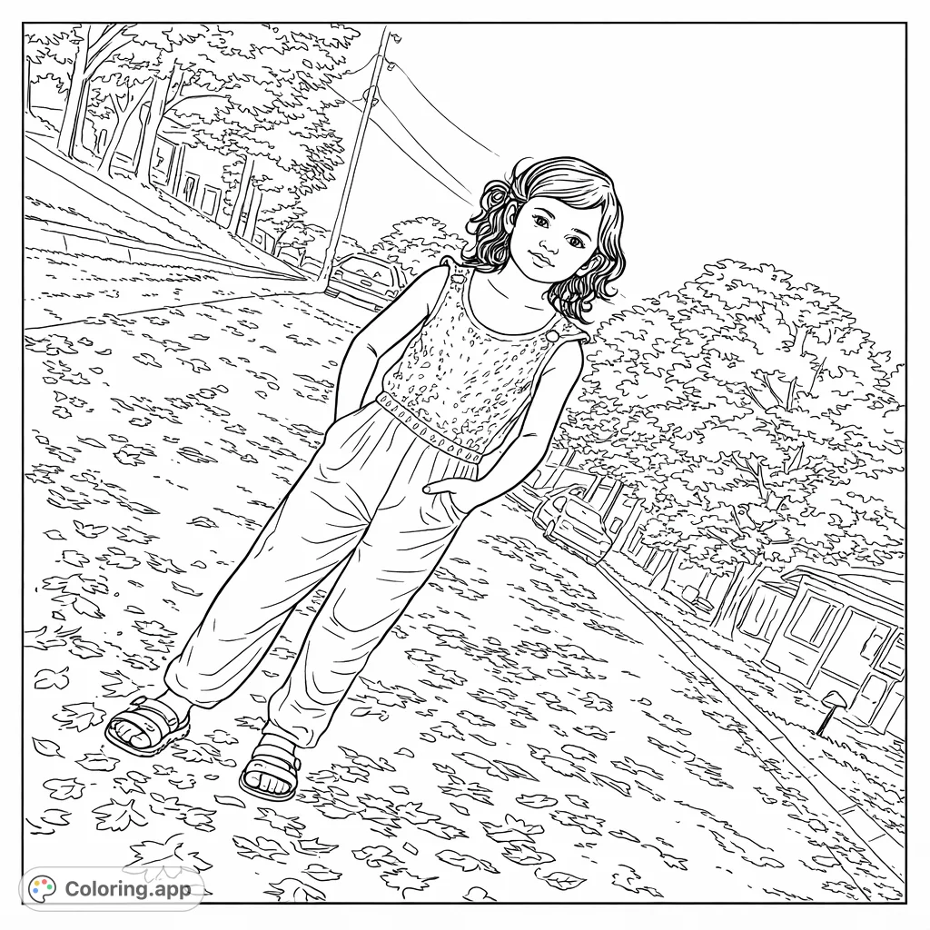 A charming autumn girl on a street covered with fallen leaves. Perfect for a seasonal coloring adventure, encouraging creativity and focus for young artists.