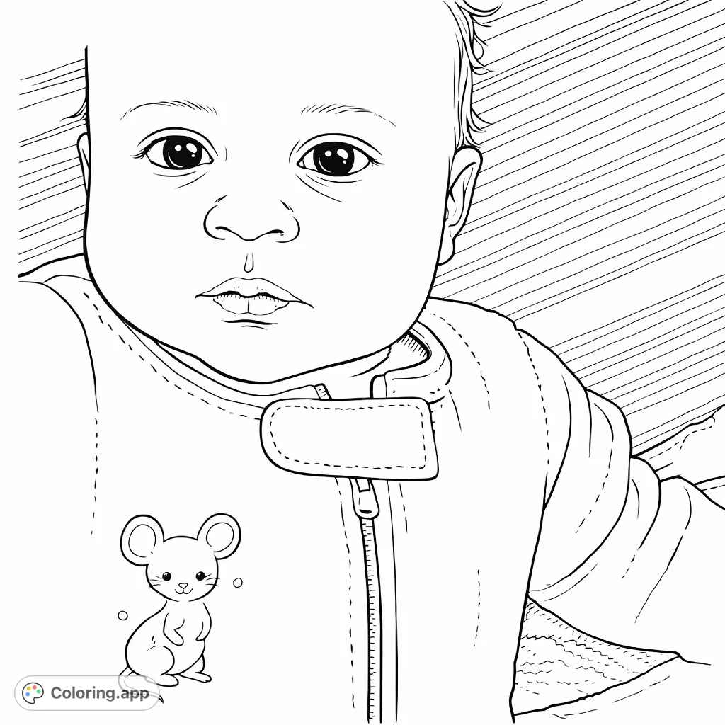 An adorable baby gazes forward, nestled in a soft sleeper with a charming animal design. A perfect, heartwarming coloring page for all ages.