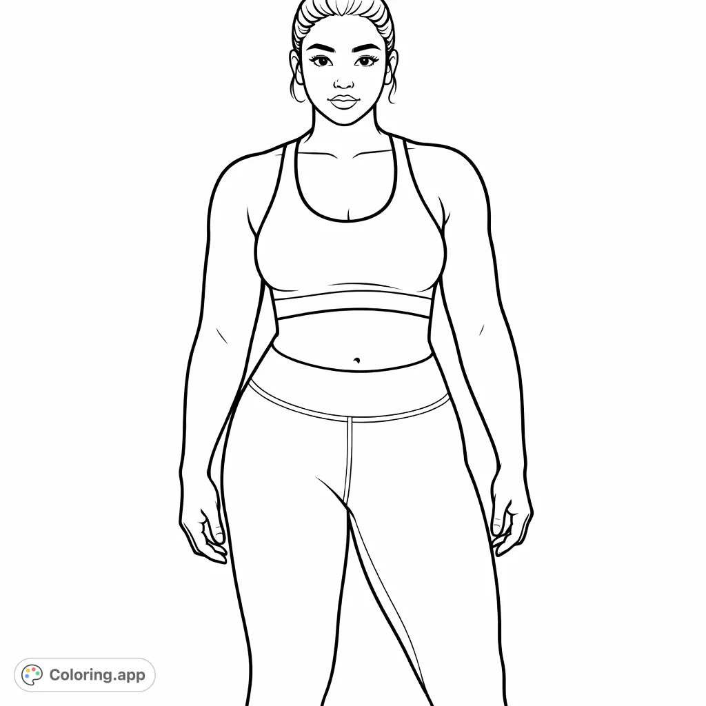 A confident woman in athletic wear stands ready, a perfect empowering fitness coloring page for enthusiasts. Unleash your creativity on this inspiring design.