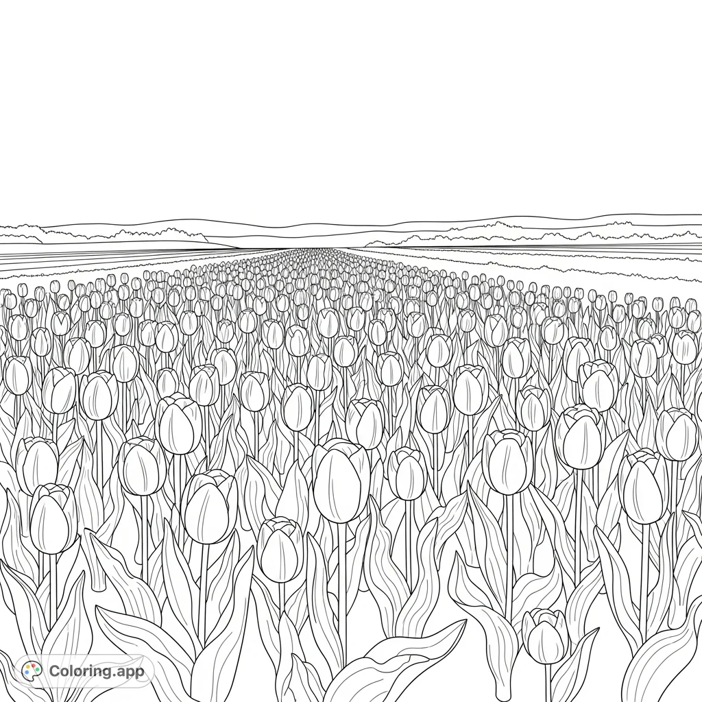 Explore a beautiful spring tulip field coloring page. Rows of delicate tulips stretch under a clear sky, perfect for vibrant spring colors and creative expression.