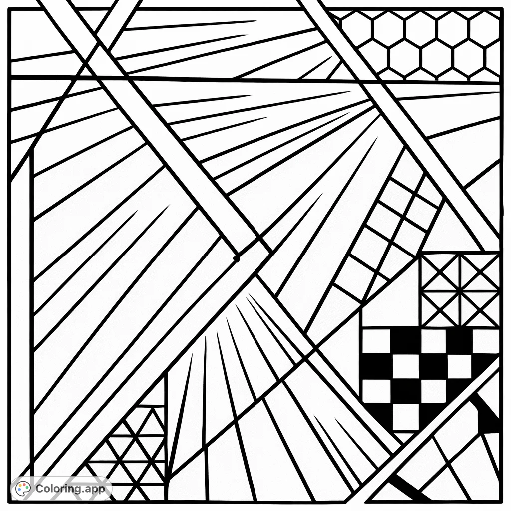 An intricate abstract geometric coloring page featuring a dynamic composition of intersecting lines and complex shapes. Perfect for challenging your creativity.