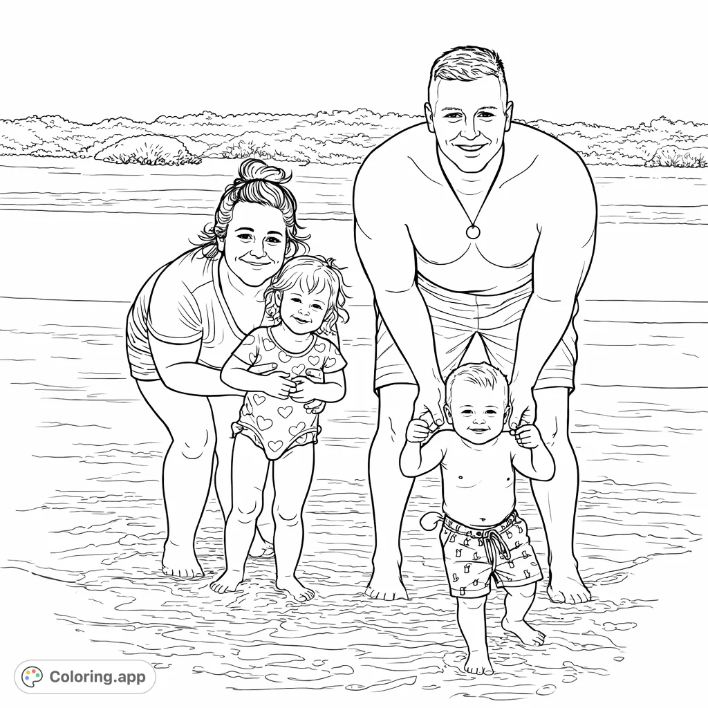 A heartwarming family beach day scene with two adults and two children playing in the shallow waves, perfect for a relaxing and joyful coloring experience.