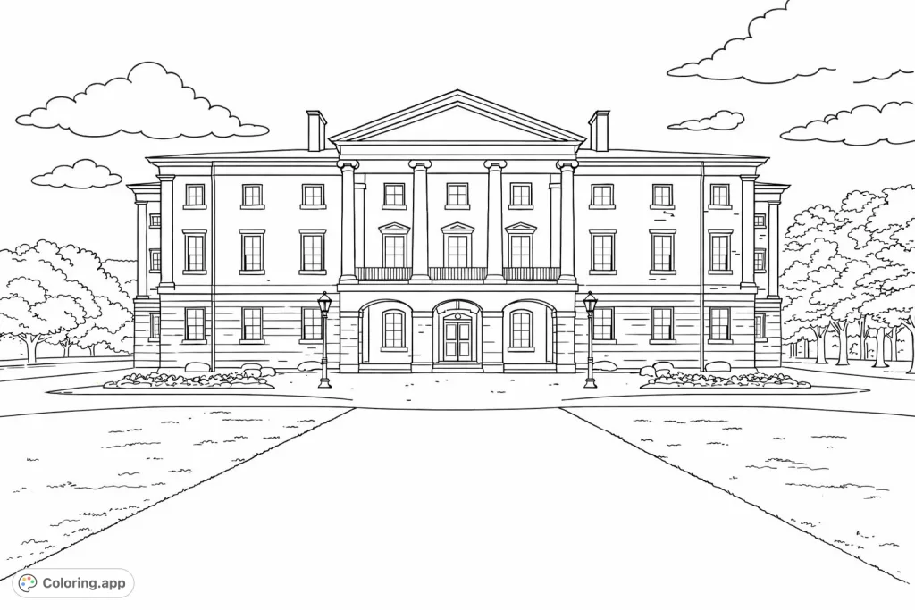 Immerse yourself in the detailed architecture of a stately classical building coloring page. Perfect for adults seeking intricate designs and historical charm.