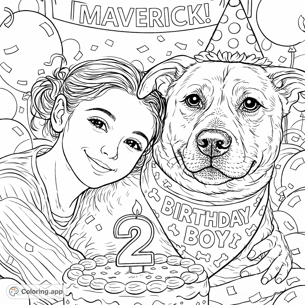 A heartwarming birthday celebration featuring a girl hugging her dog, complete with a festive cake, party hat, and balloons. Perfect for pet lovers and joyful moments.