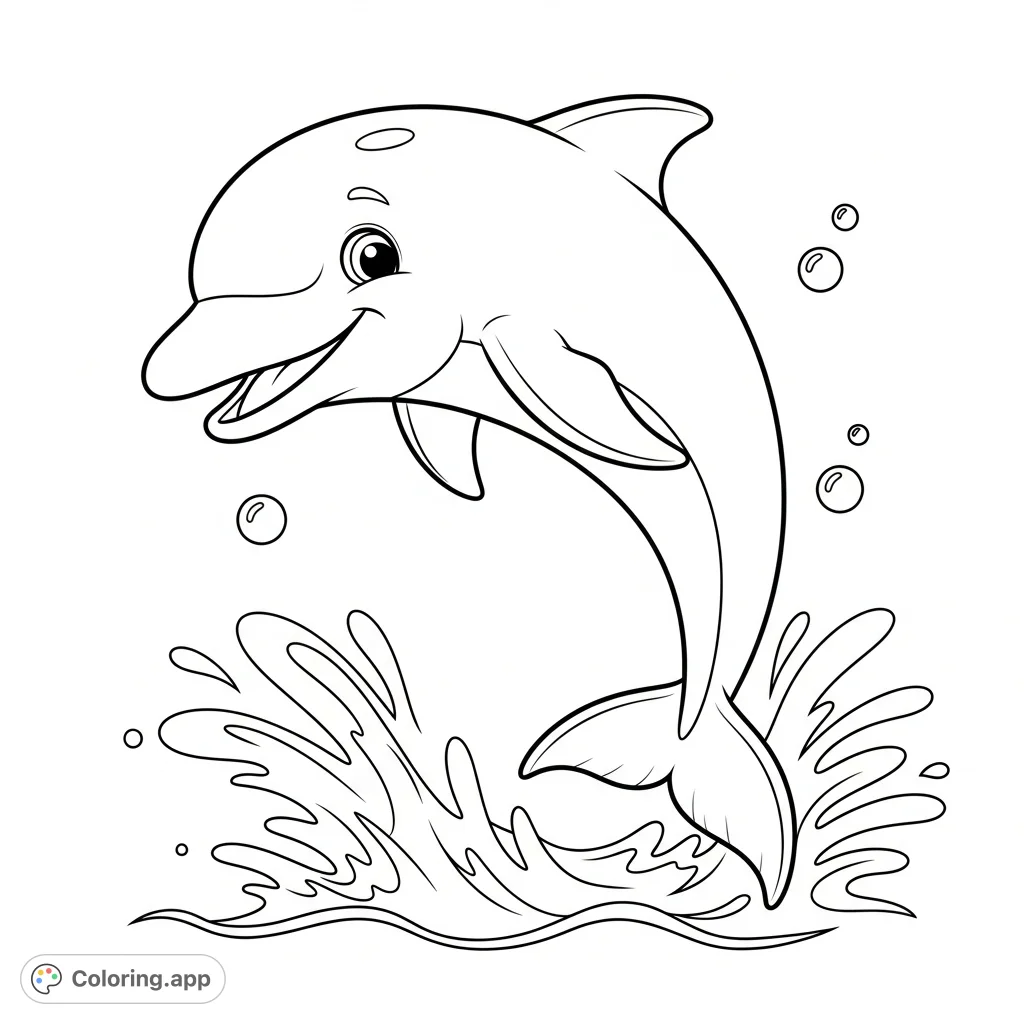 A cheerful, cartoon dolphin leaps playfully from the water, surrounded by splashes and bubbles. A fun, free printable coloring page for marine enthusiasts.