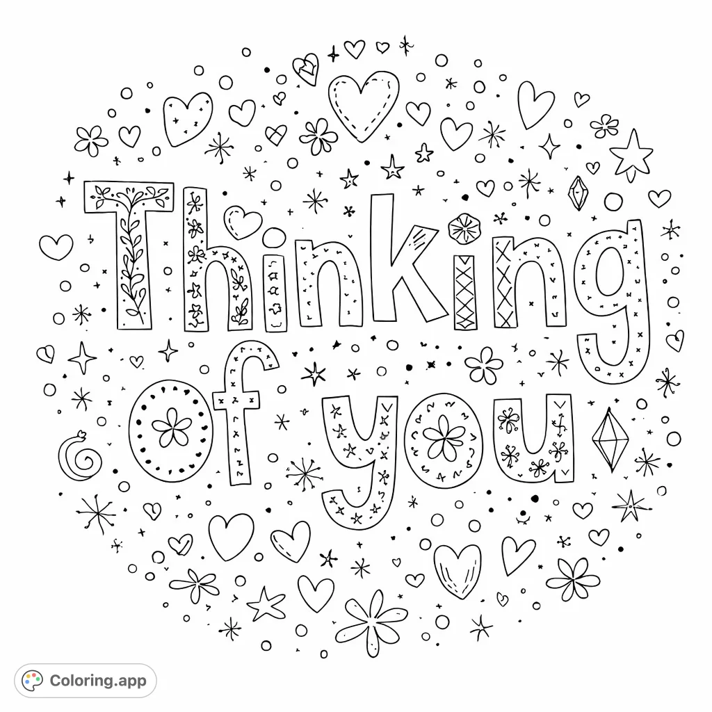 An intricate 'Thinking of You' coloring page featuring detailed letters and a playful array of hearts, stars, and abstract shapes, perfect for expressing care.