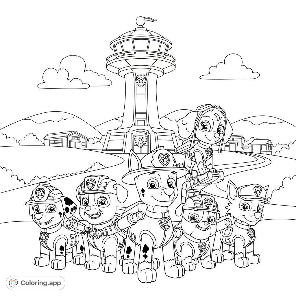 A fun Paw Patrol coloring page featuring Chase, Marshall, Skye, and friends with the Adventure Bay Lookout, perfect for young fans.