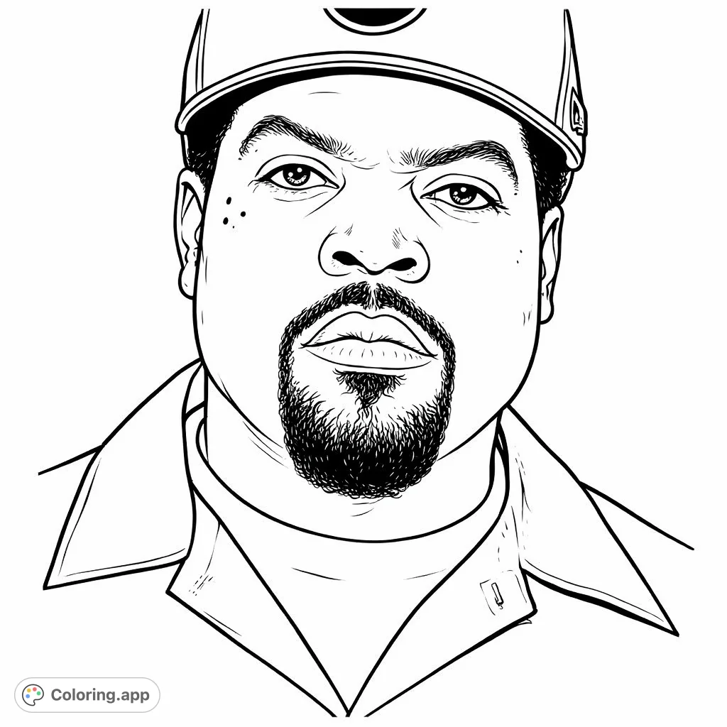 Color a detailed portrait of a prominent rapper wearing a cap and goatee. Focus on facial features and expression, bringing this iconic figure to life.