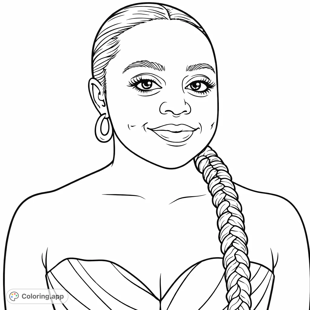 A captivating portrait of a woman with an intricate braid and a striking geometric pattern on her strapless top, perfect for detailed coloring.