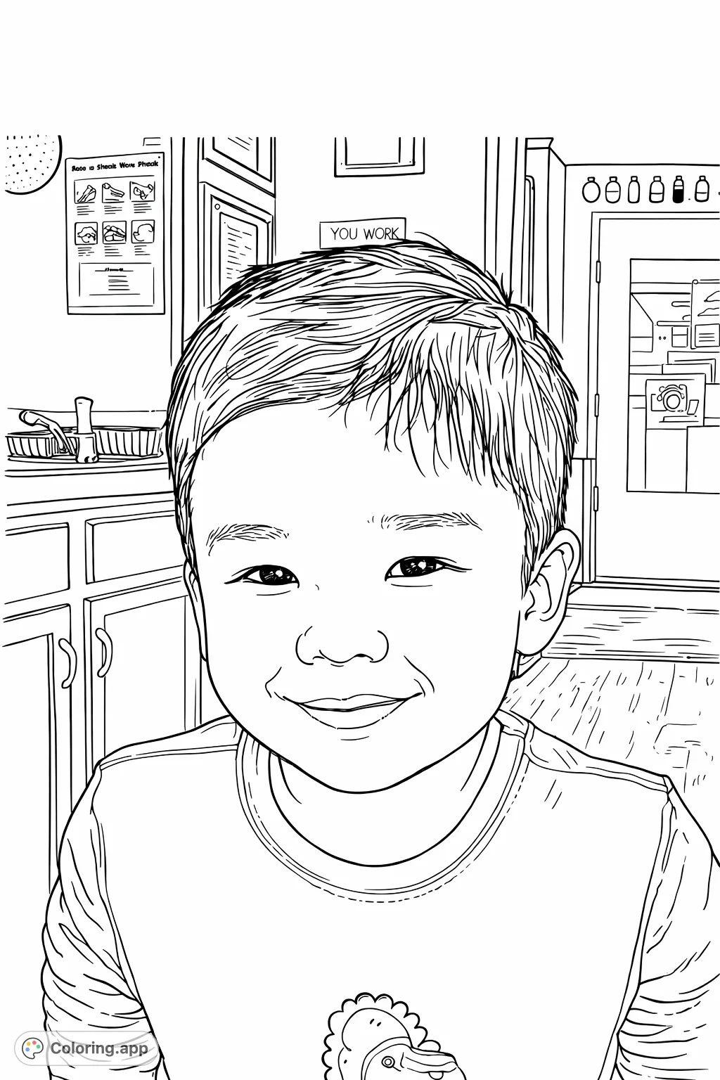 Capture the joyous innocence of a smiling child in this delightful coloring page. Perfect for celebrating childhood and bright expressions.