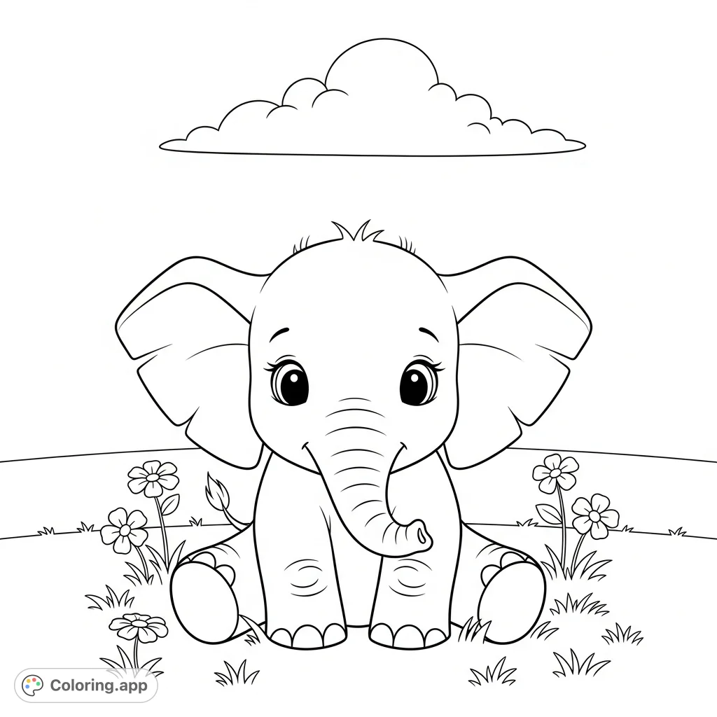 Discover an adorable baby elephant coloring page, seated gently in a vast meadow with wildflowers under a calm sky. A delightful free printable for all!