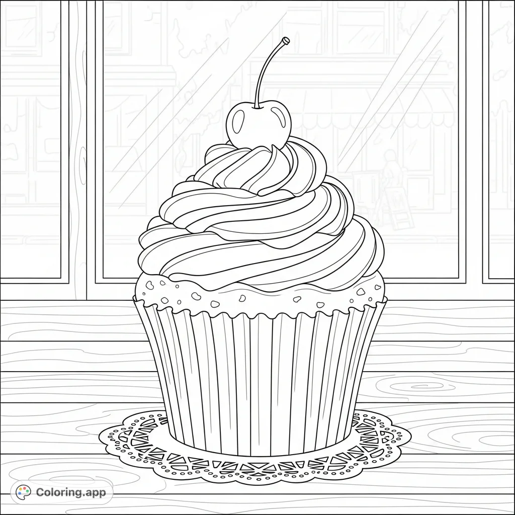 A delightful cupcake with swirled icing and a cherry, resting on a wooden counter with a striped liner. A quaint bakery scene perfect for sweet coloring fun!