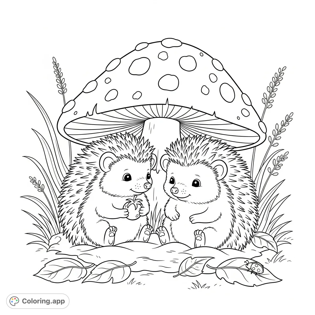 Discover two adorable hedgehogs sharing a berry under a charming mushroom in a whimsical forest. A sweet, free printable coloring page perfect for nature lovers and kids.