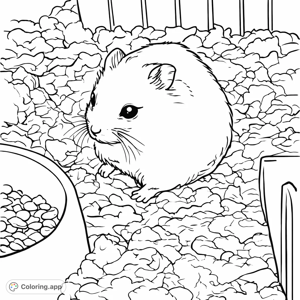 A charming coloring page featuring a small, fluffy hamster resting on soft bedding, with a food bowl nearby. Perfect for animal lovers of all ages.