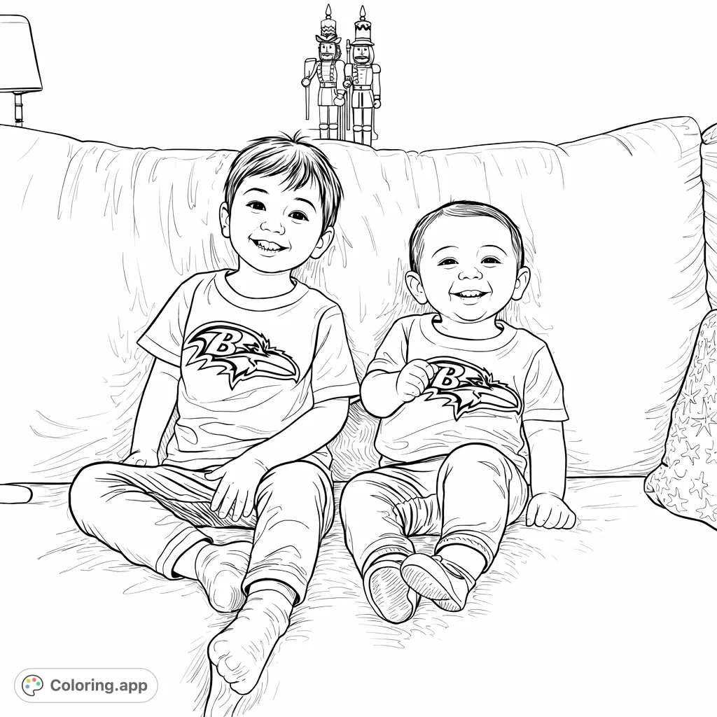 A heartwarming coloring page featuring two smiling siblings sitting on a cozy sofa, with a decorative background. Perfect for family-themed fun.