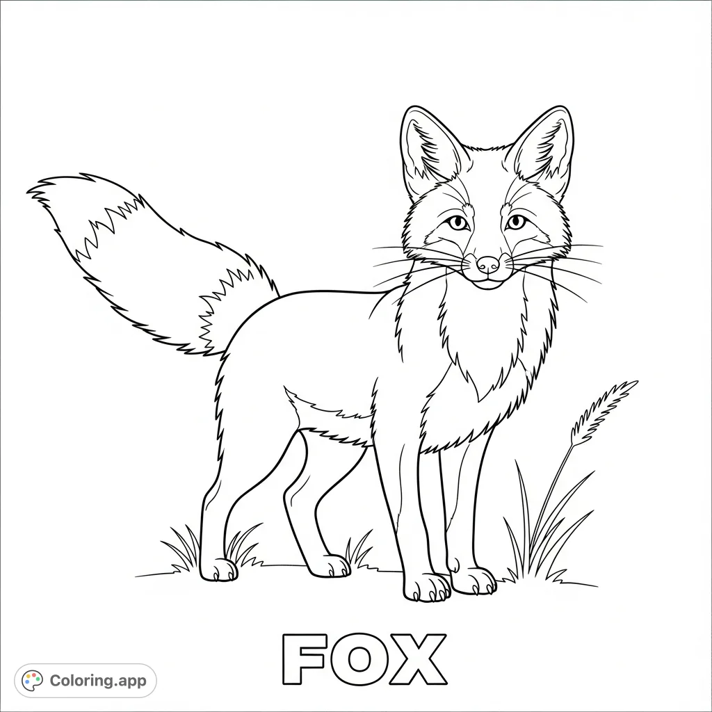 An alert fox stands with its bushy tail raised, ears perked, gazing forward. Features a single blade of grass and the word "FOX" for a fun, engaging coloring page.