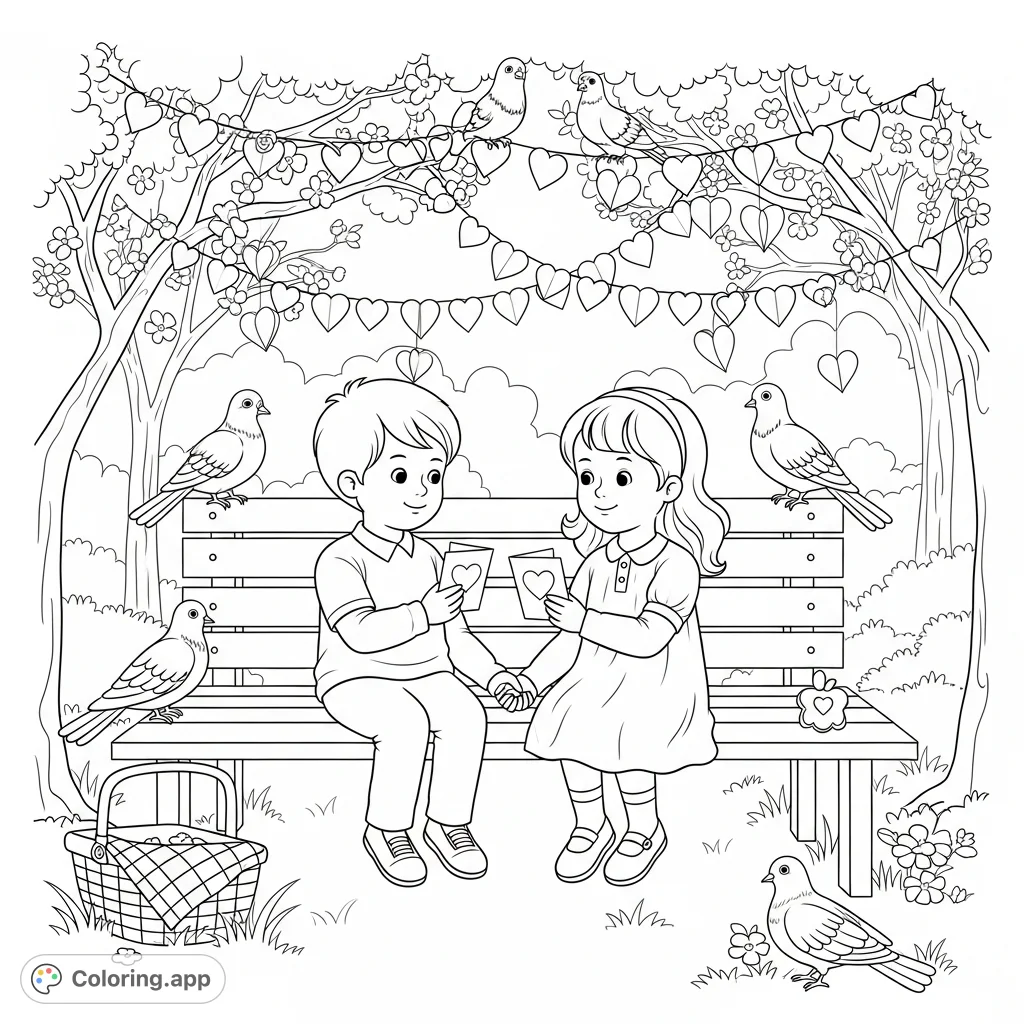 Capture a sweet moment with a romantic scene coloring page. Two children exchange heart cards on a park bench, surrounded by blooming trees and doves.