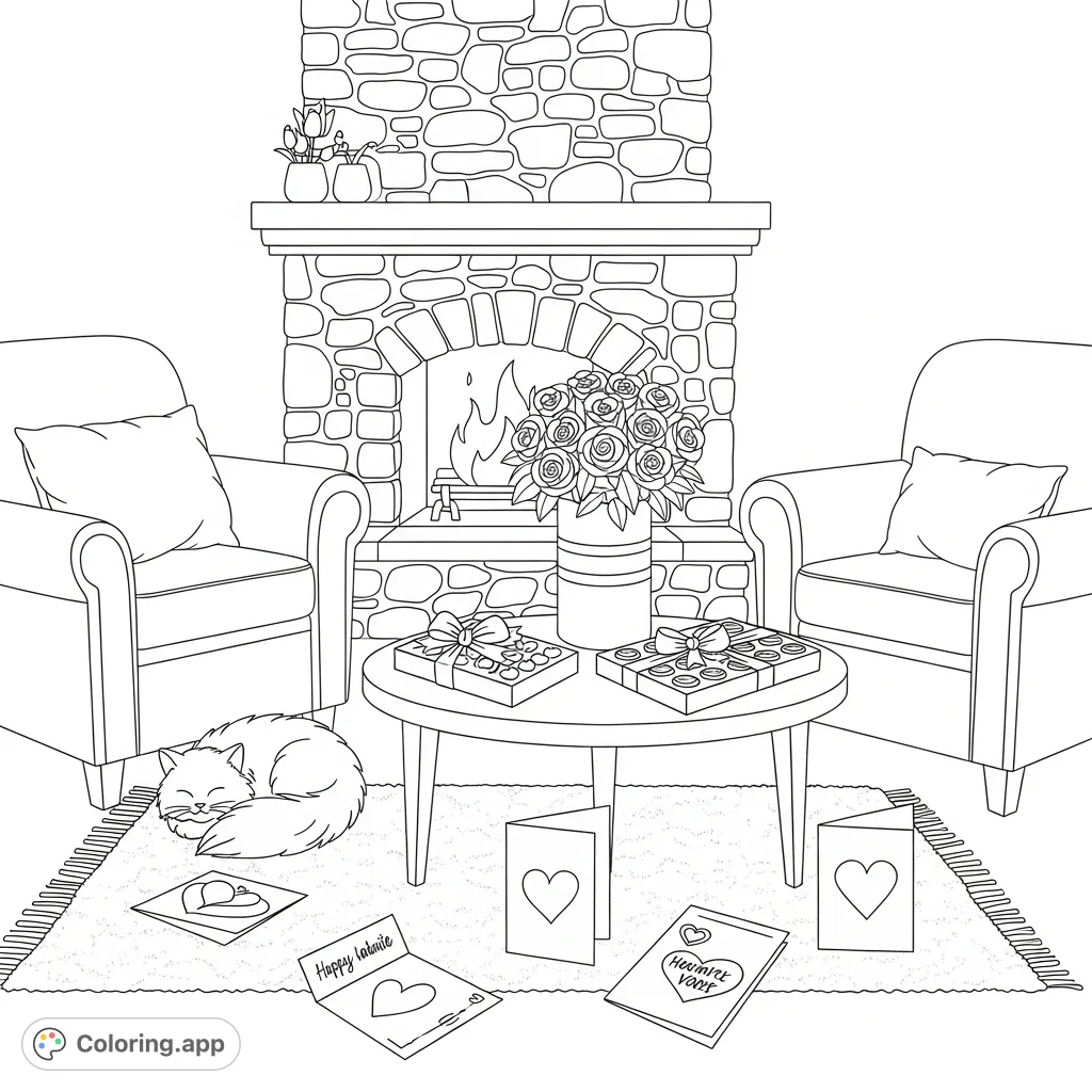 Indulge in a cozy indoor scene featuring a fireplace, plush armchairs, roses, chocolates, and a sleeping cat. Perfect for relaxation.