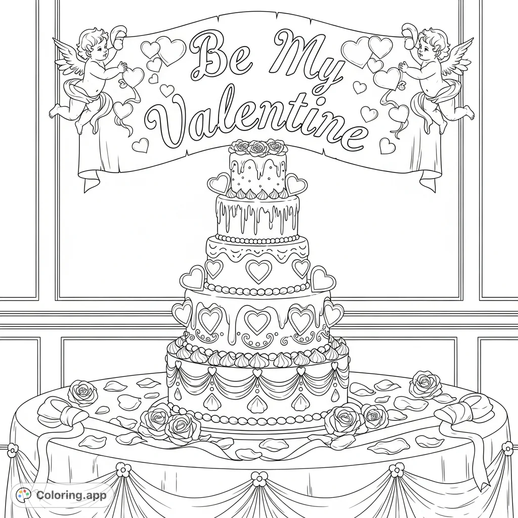 An exquisite multi-tiered cake with intricate frosting patterns, sugar hearts, rose petals, and a "Be My Valentine" banner. Perfect for romantic coloring!