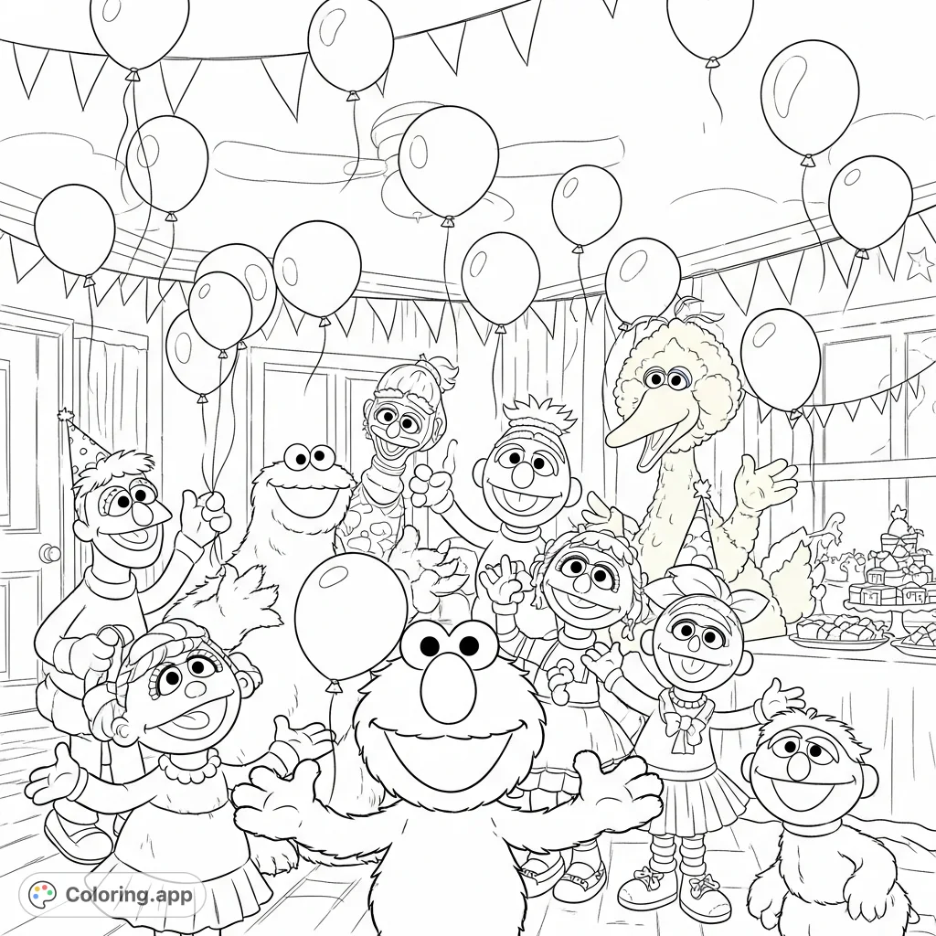 A cheerful Elmo and his Sesame Street friends celebrate with balloons at a lively party. Perfect for little hands to bring this joyful scene to life!