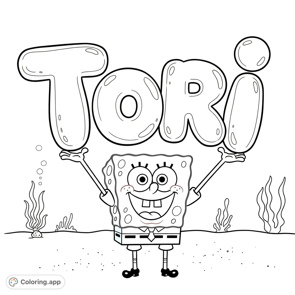 SpongeBob SquarePants grins, holding buoyant bubble letters spelling "Tori" in an underwater scene. A fun, customizable coloring page for fans.