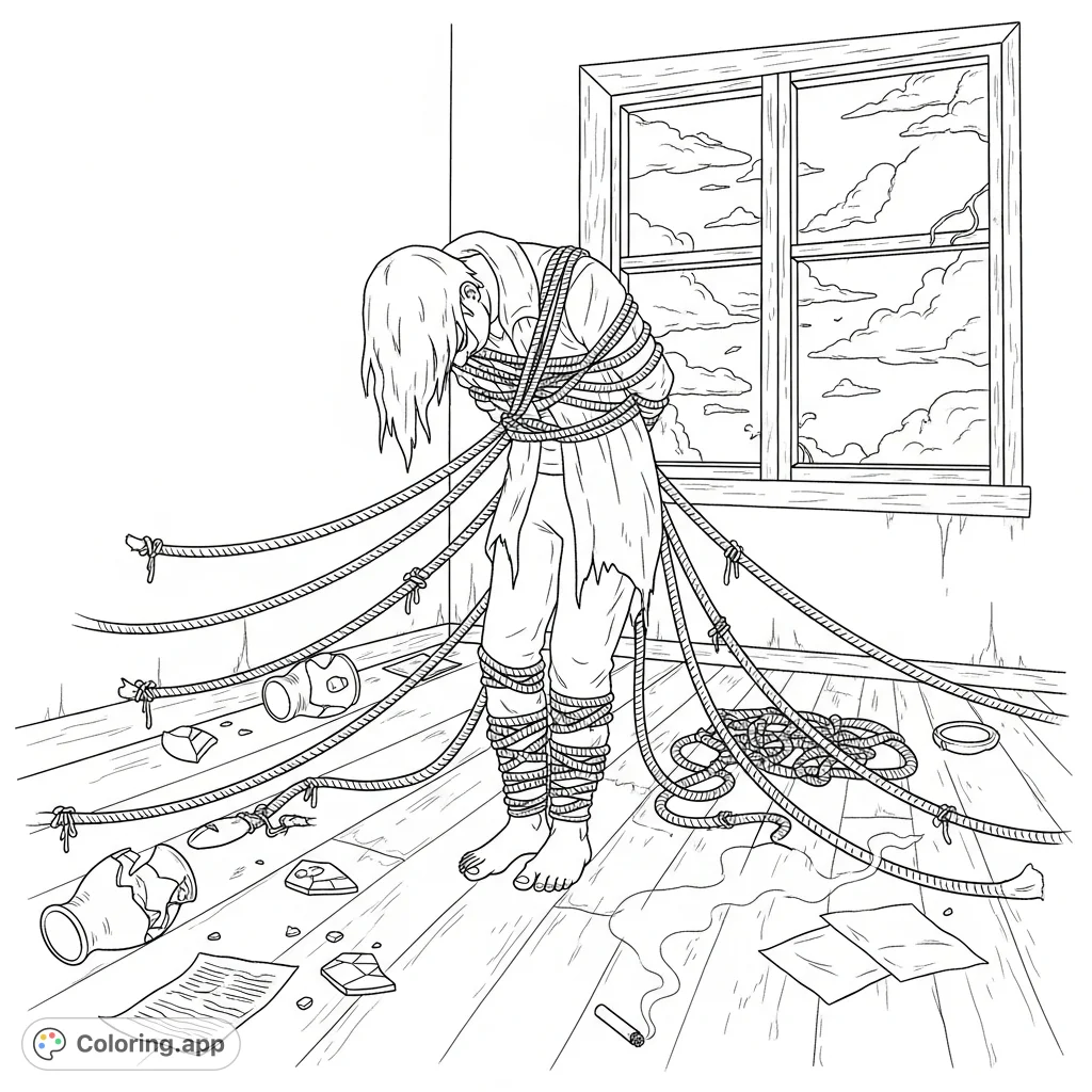 A lone figure, hunched and bound by ropes and chains, amidst scattered debris, under a somber sky, evoking a sense of deep burden and struggle.