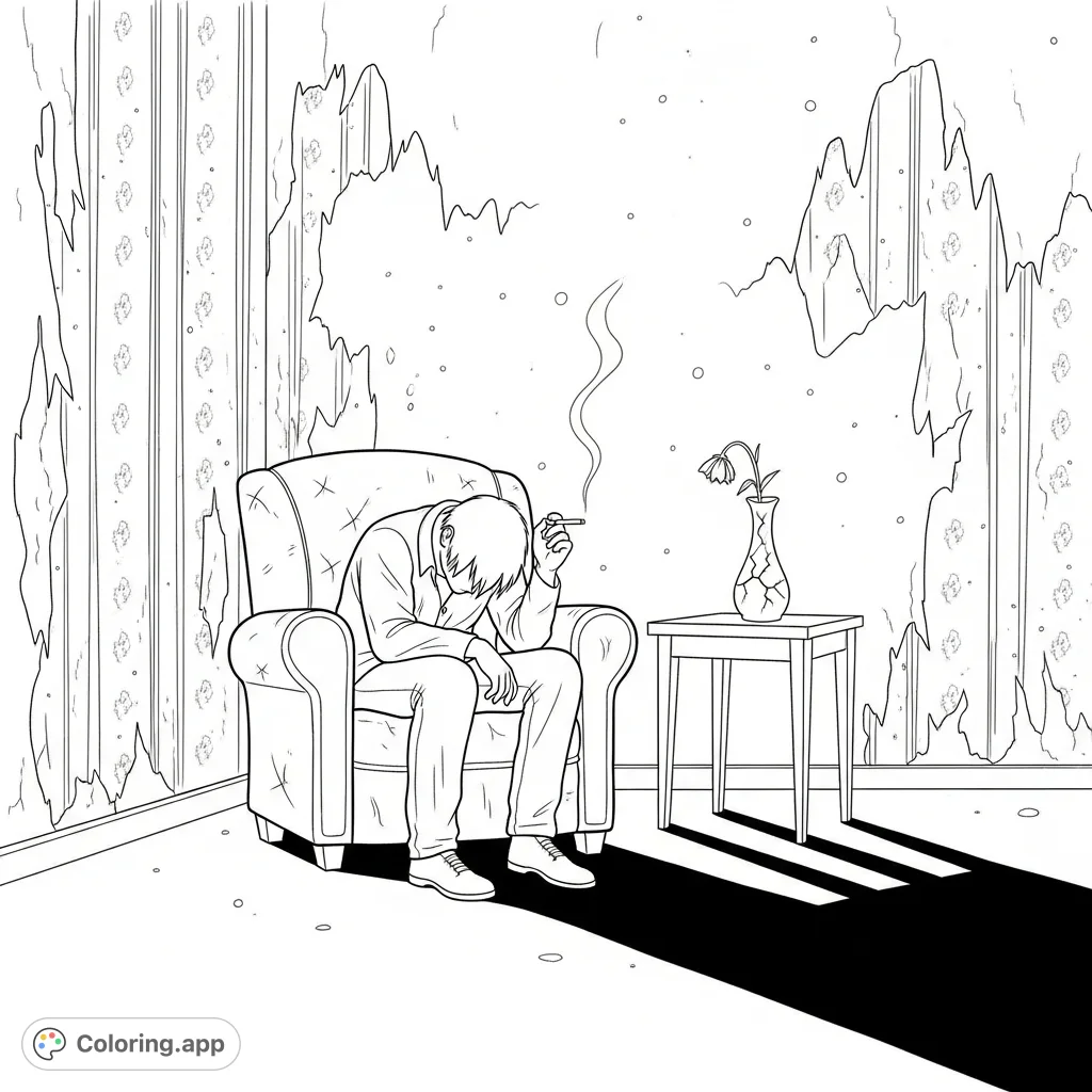 An introspective solitary figure slumped in a worn armchair, surrounded by peeling wallpaper, a wilting flower, and delicate smoke. A poignant scene for adult colorists.