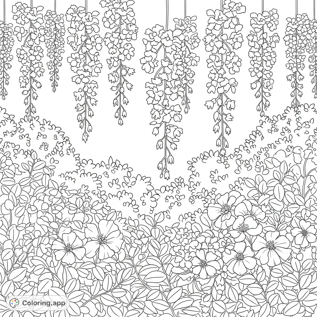 Explore a beautiful garden coloring page featuring lush bushes, various flower blossoms, and elegant hanging flowers, perfect for all ages.