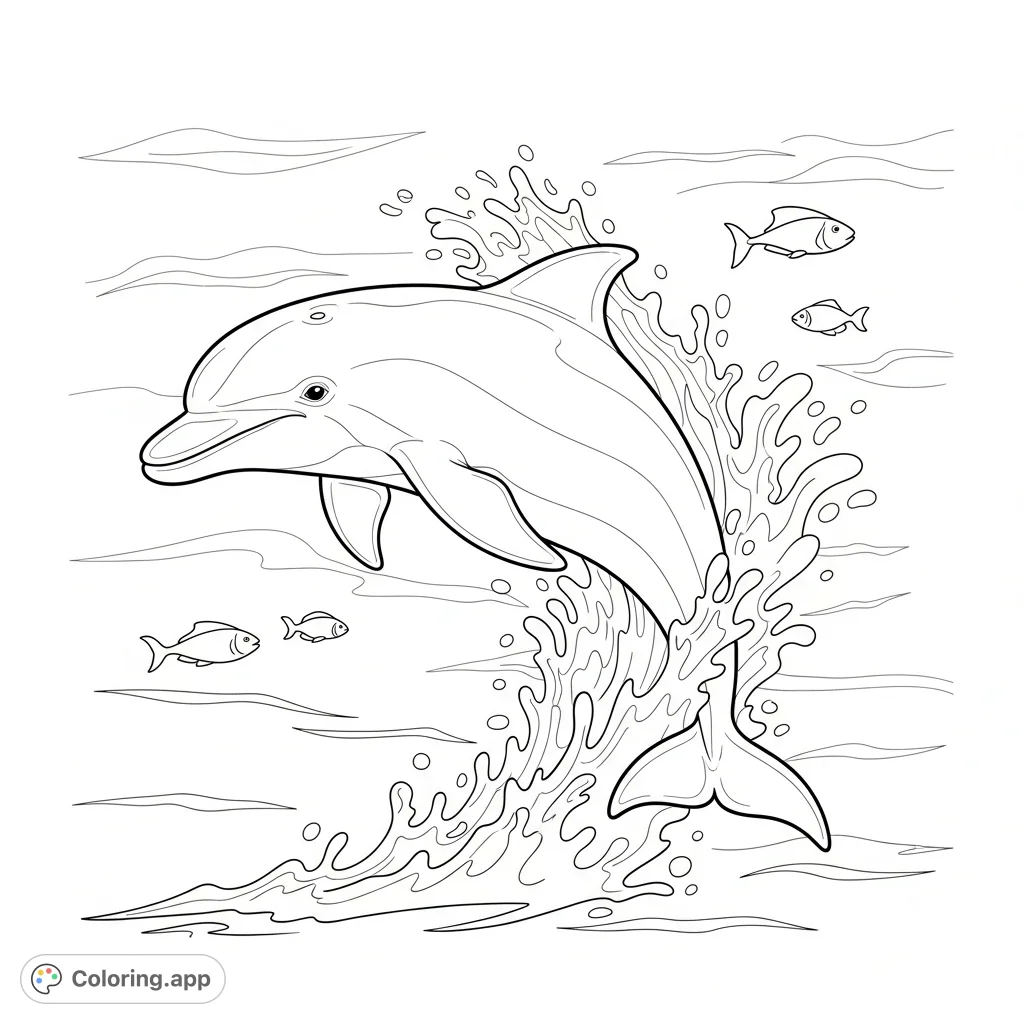 A joyful dolphin leaps and plays amidst dynamic ocean splashes. This exciting open ocean animal coloring page captures a moment of aquatic fun for all ages.