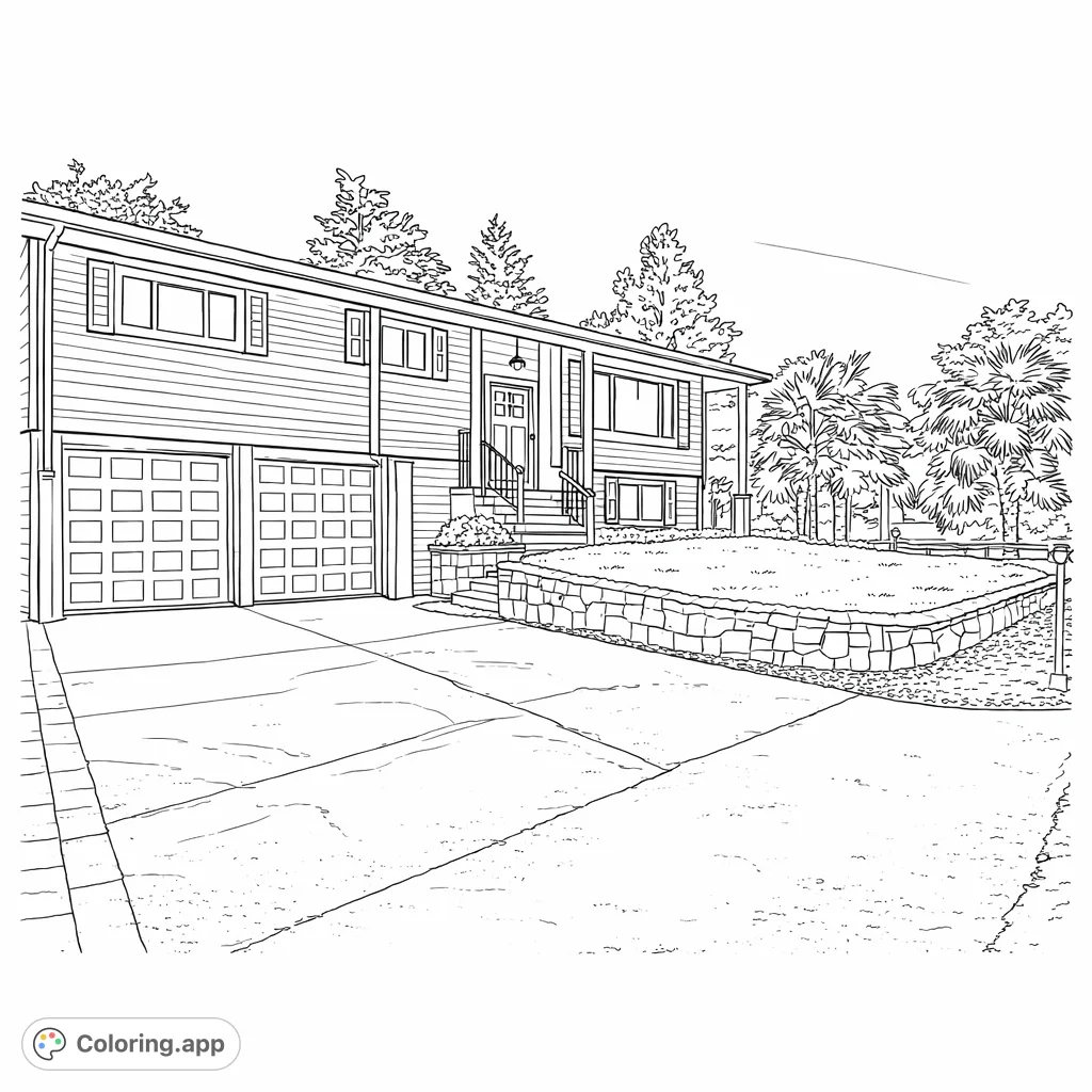Explore a detailed suburban home coloring page with a two-car garage, welcoming entrance, and lush landscaping including distinctive palm trees.