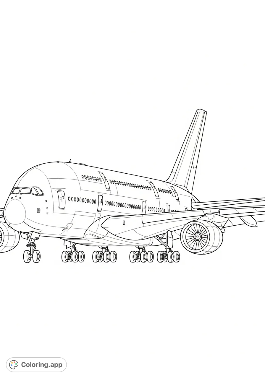 An intricate A380 airplane coloring page, perfect for aviation enthusiasts. Features its iconic double-deck design and powerful engines.