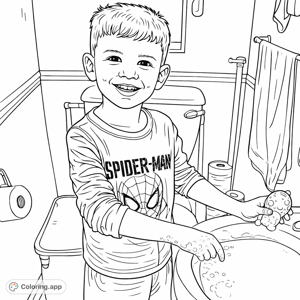 A cheerful boy happily washing his hands at the sink, surrounded by bubbly suds and everyday bathroom items, perfect for a fun and engaging coloring activity.